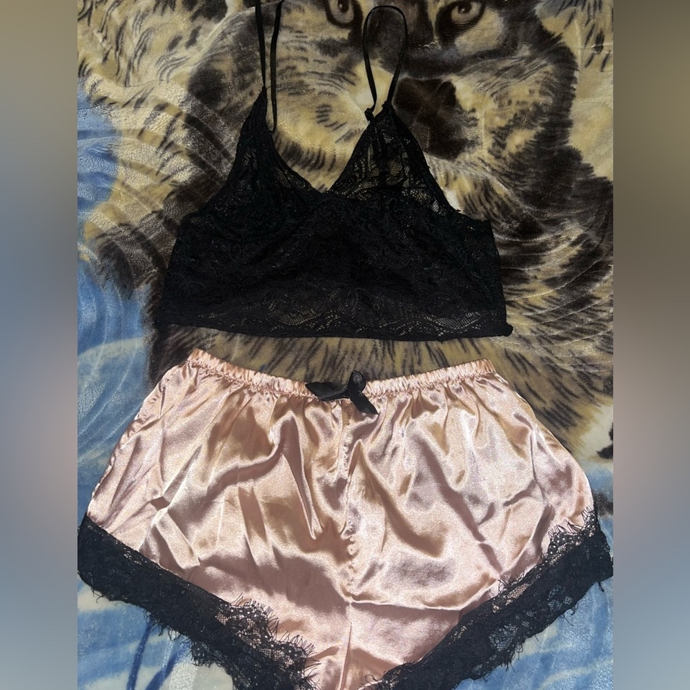 Black Lace Bralette and Pink Satin Shorts Set